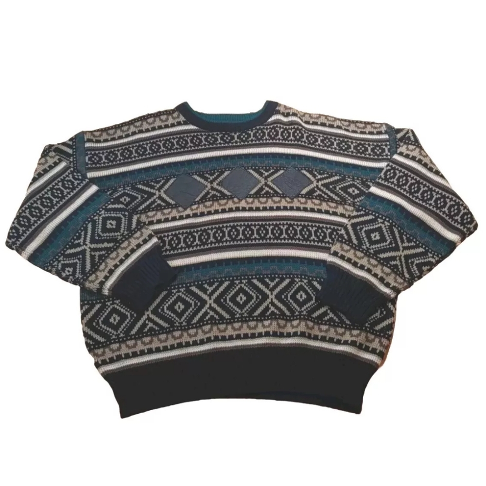 Vtg Impact Sweater Men XL Leather Patches Geometric Eclectic Grampa Ski Crewneck